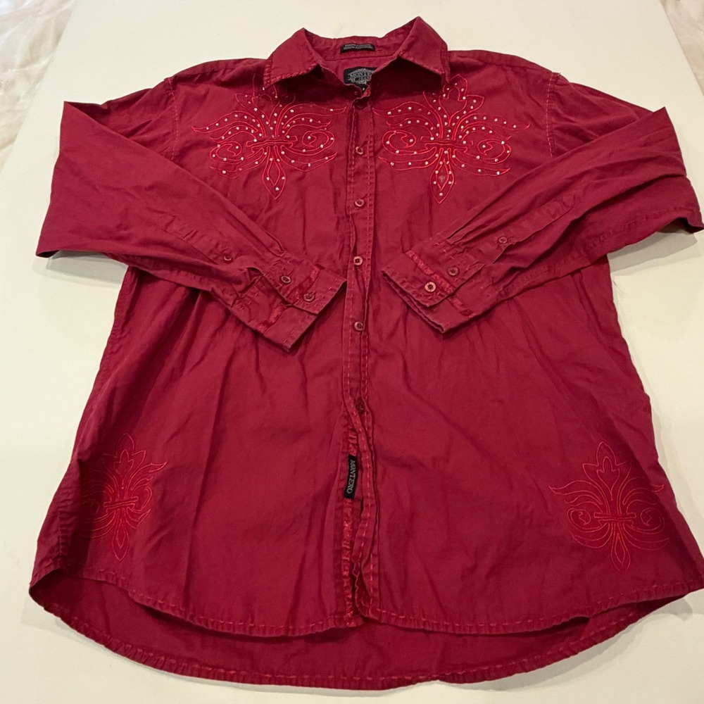 Montero Jeans Red Western Shirt Large Embroidered Studded Cotton Button Down